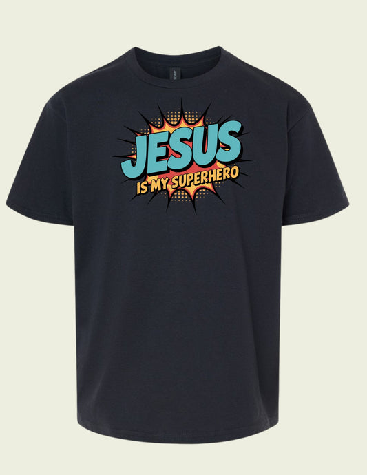 Kids T-Shirt - "Jesus Is My Superhero" Comic Style Christian Tee